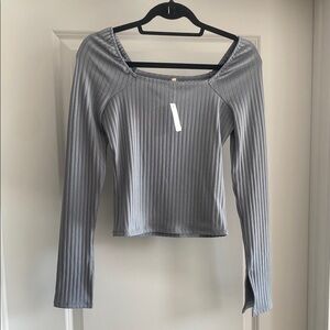 Dusty Blue Ribbed Long Sleeve Top